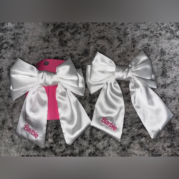Mattel Accessories - NWT Barbie White Satin Hair Bow Clips with Pink Embroidery Set of 2 by Mattel